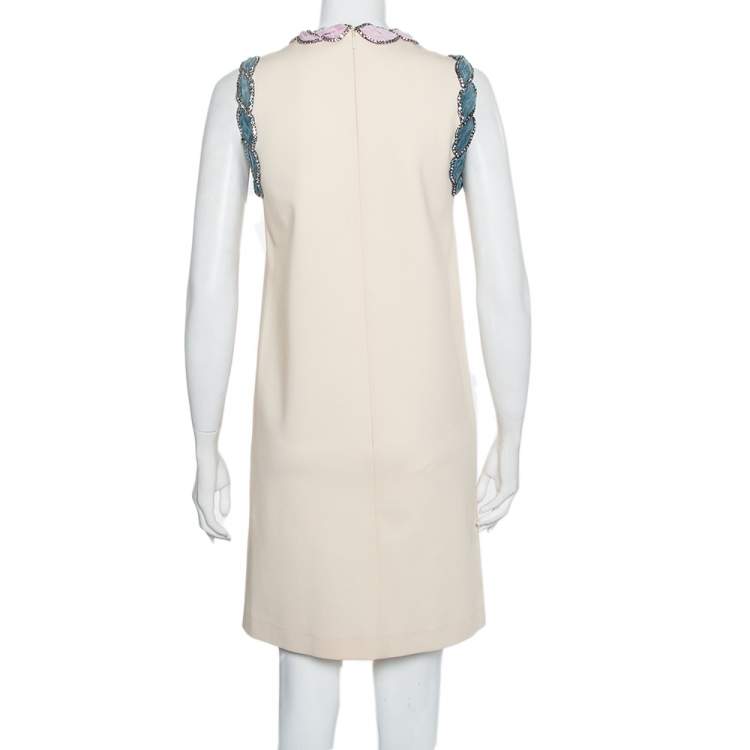 Pre Owned Gucci Cream Knit Crystal Embellished Velvet Trim Detail Shift Dress M
