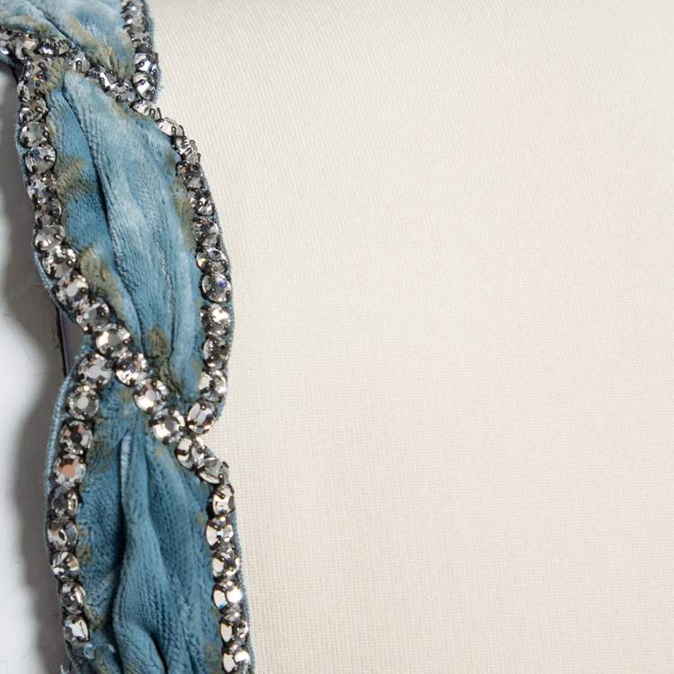Pre Owned Gucci Cream Knit Crystal Embellished Velvet Trim Detail Shift Dress M