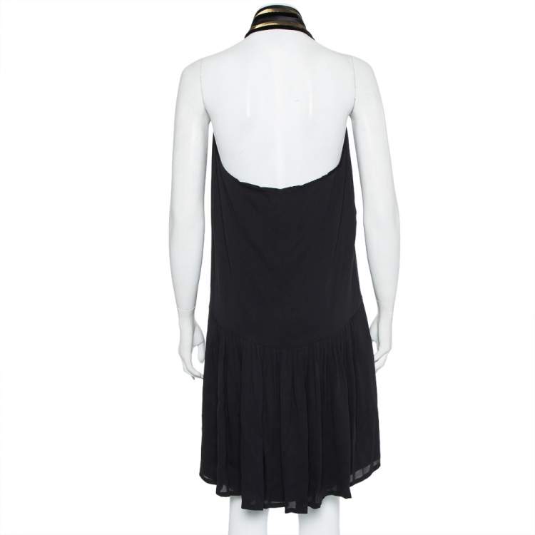 Pre Owned Gucci Black Silk Contrast Trim Detail Halter Neck Shift Dress M