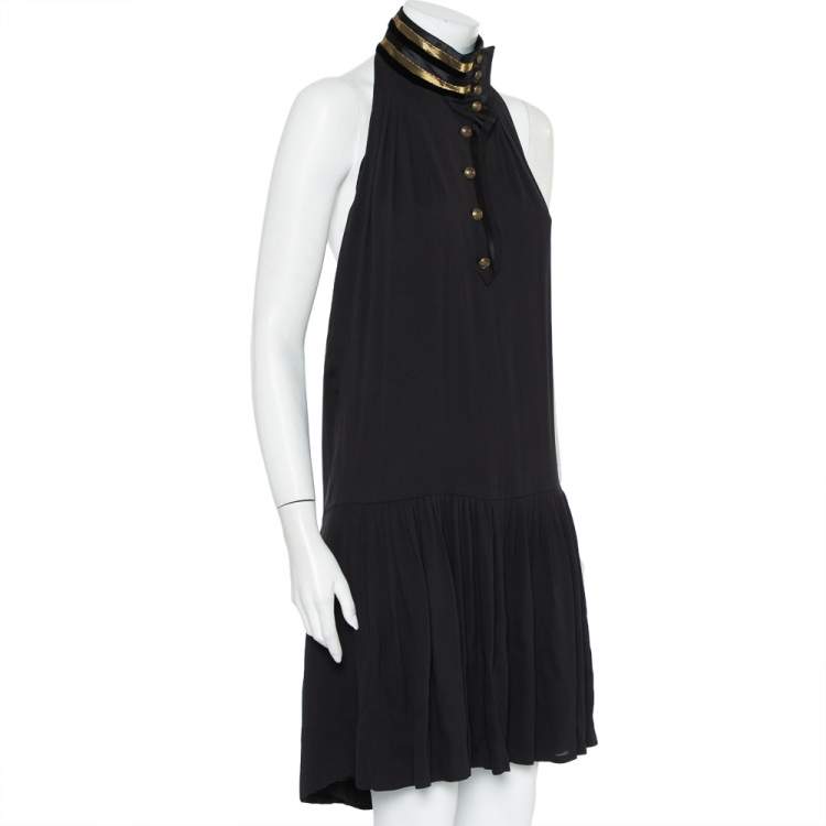 Pre Owned Gucci Black Silk Contrast Trim Detail Halter Neck Shift Dress M