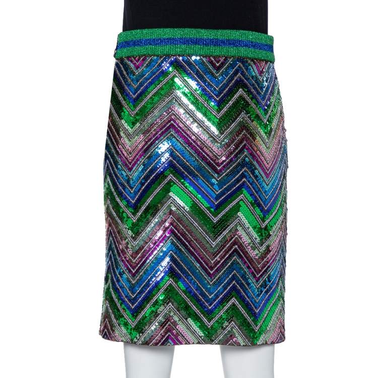 Pre Owned Gucci Multicolor Lurex Knit Chevron Pattern Sequin Embellished Skirt L