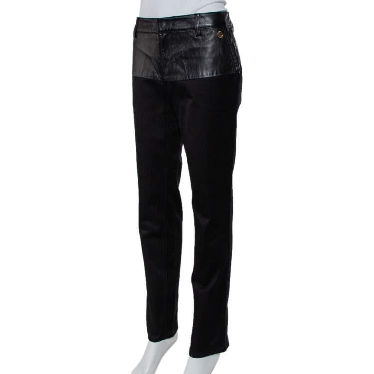 Pre Owned Gucci Black Cotton Fitted Leather Trim Tapered Leg Pants M