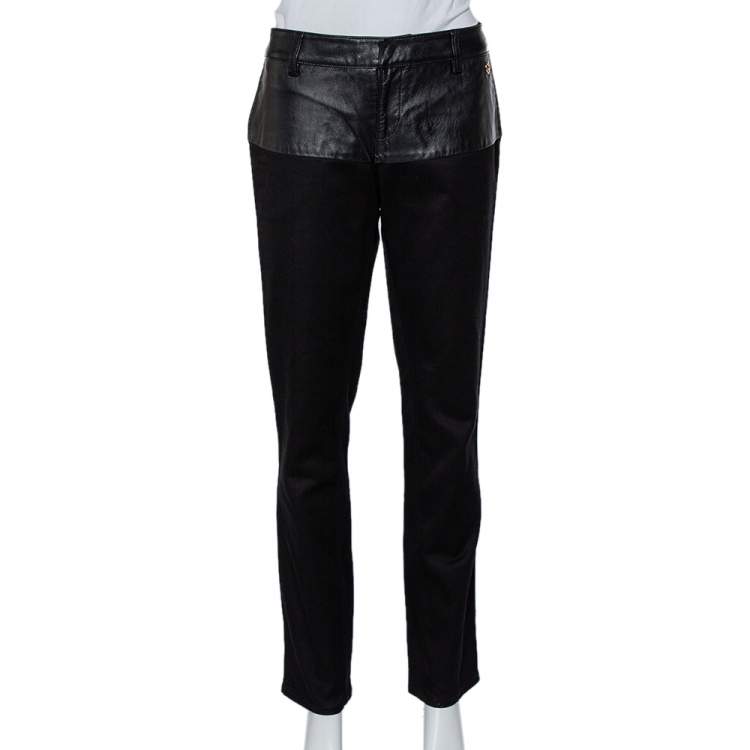 Pre Owned Gucci Black Cotton Fitted Leather Trim Tapered Leg Pants M