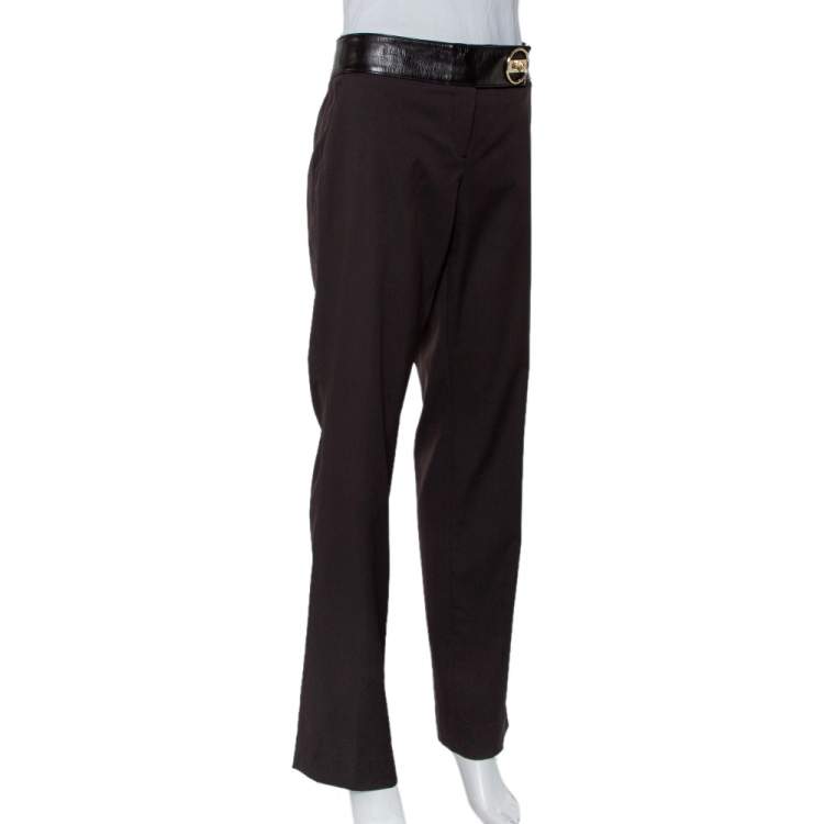 Pre Owned Gucci Brown Wool & Leather Trim Straight Leg Trousers XL
