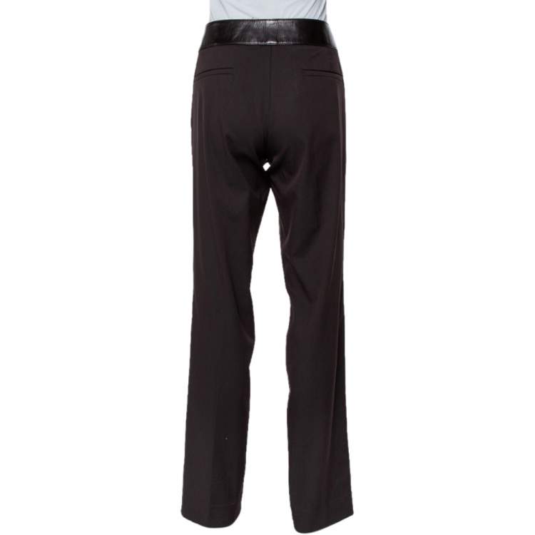 Pre Owned Gucci Brown Wool & Leather Trim Straight Leg Trousers XL