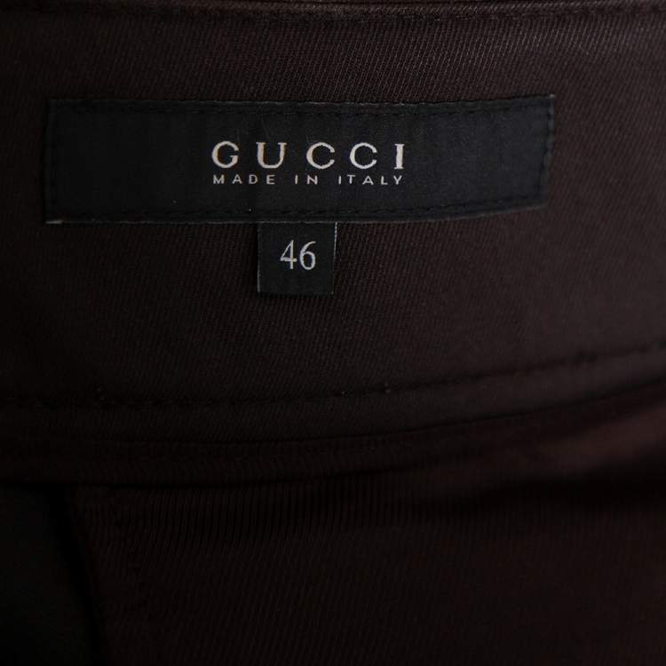 Pre Owned Gucci Brown Wool & Leather Trim Straight Leg Trousers XL