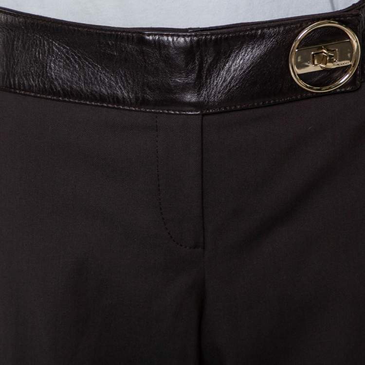 Pre Owned Gucci Brown Wool & Leather Trim Straight Leg Trousers XL