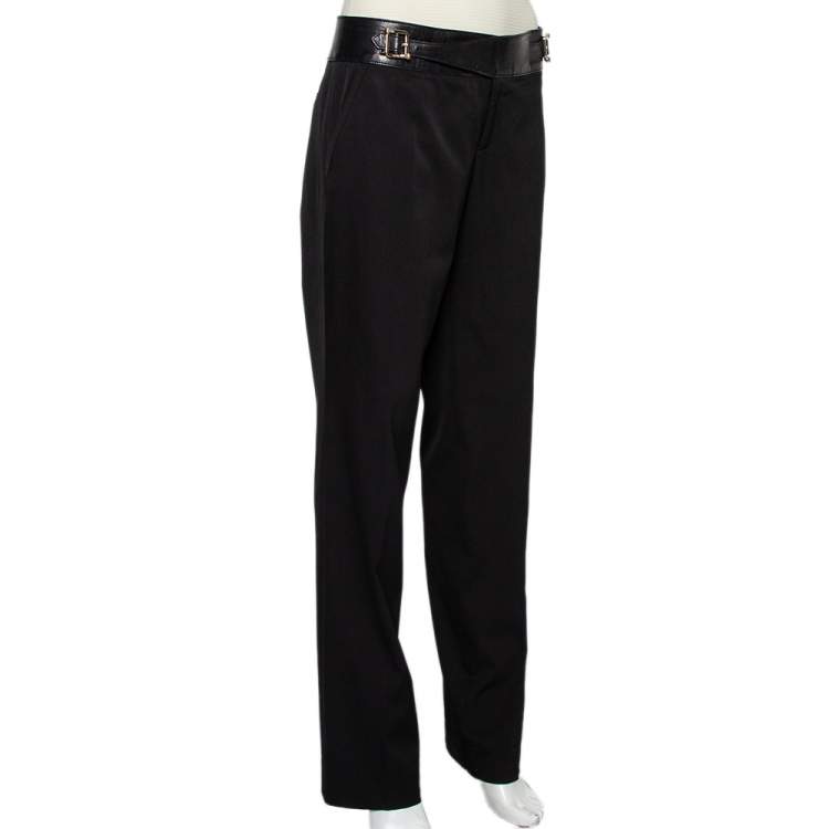 Pre Owned Gucci Black Wool & Leather Trim Tapered Leg Trousers M
