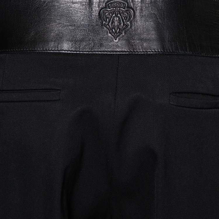 Pre Owned Gucci Black Wool & Leather Trim Tapered Leg Trousers M