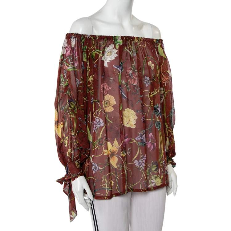 Gucci Brown Flora Print Silk Chiffon off Shoulder Top S Gucci TLC