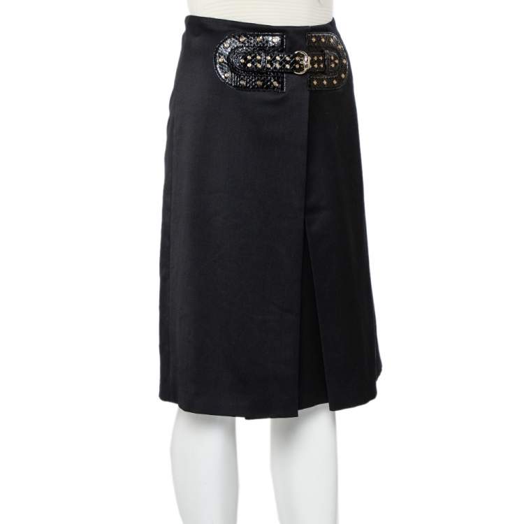 Pre Owned Gucci Black Wool Pleated Detail Belted Skirt S