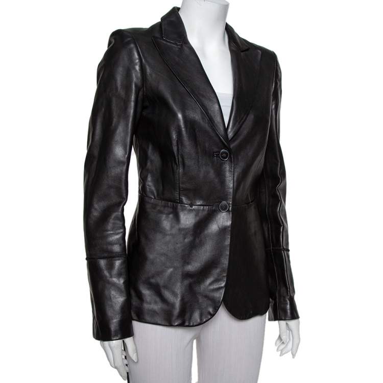 Pre Owned Gucci Black Leather Button Front Blazer S