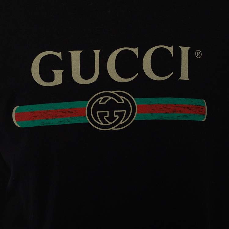 Pre Owned Gucci Black Logo Printed Cotton Distressed Oversized T-Shirt M 