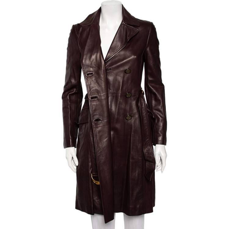 Pre Owned Gucci Burgundy Leather Double Breasted Belted Coat S