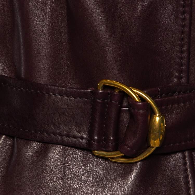 Pre Owned Gucci Burgundy Leather Double Breasted Belted Coat S