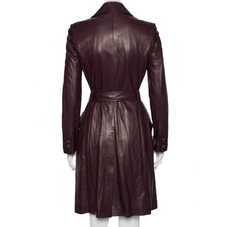 Pre Owned Gucci Burgundy Leather Double Breasted Belted Coat S