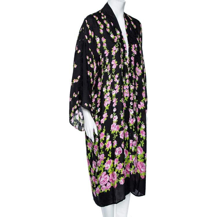مملوكة مسبقًا Gucci Black Climbing Roses Print Jacquard Silk Kimono L 