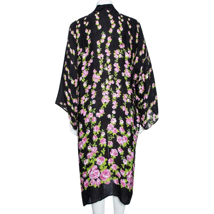 مملوكة مسبقًا Gucci Black Climbing Roses Print Jacquard Silk Kimono L 