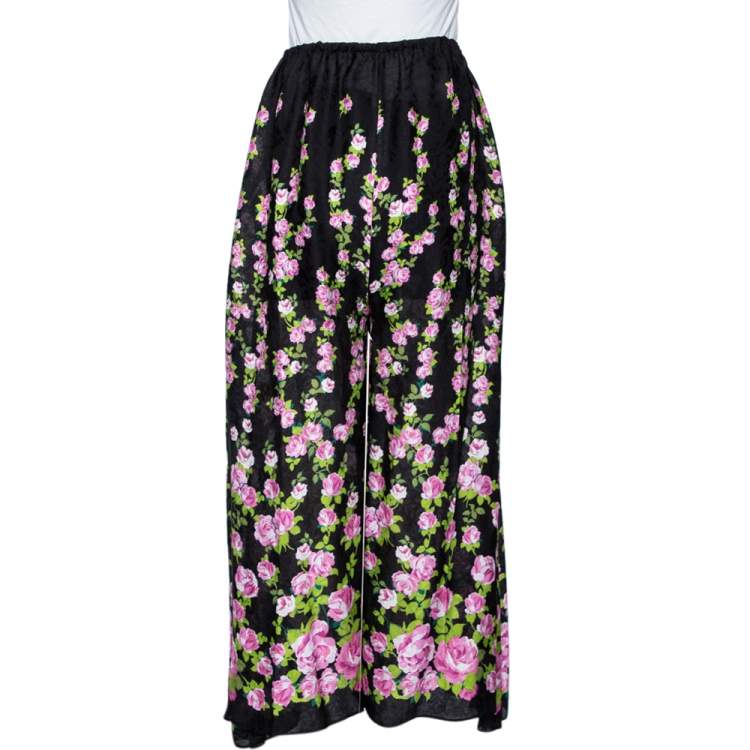 Pre Owned Gucci Black Climbing Roses Print Jacquard Silk Wide Leg Trousers L