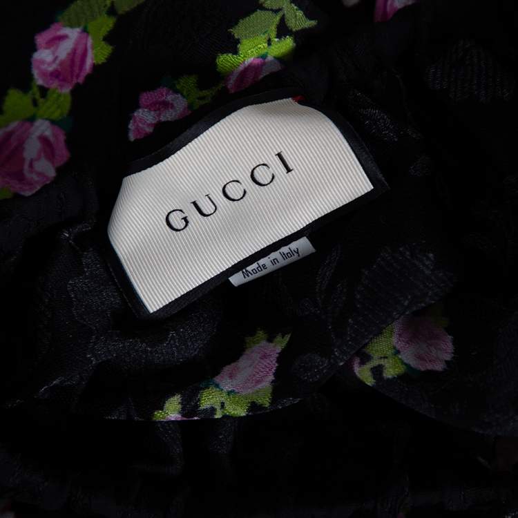 Pre Owned Gucci Black Climbing Roses Print Jacquard Silk Wide Leg Trousers L