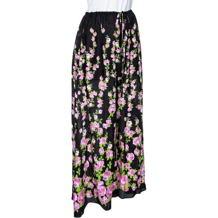 Pre Owned Gucci Black Climbing Roses Print Jacquard Silk Wide Leg Trousers L
