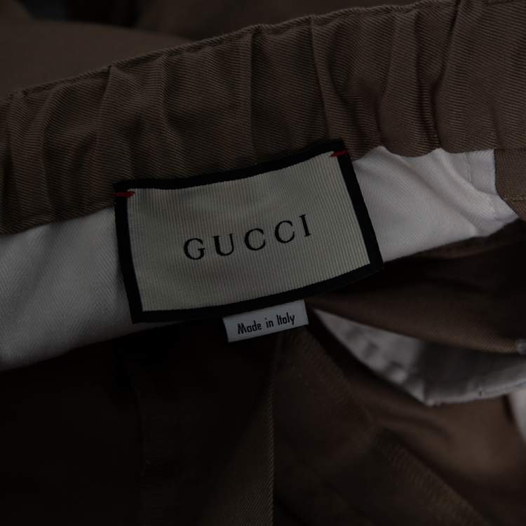 مملوكة مسبقًا Gucci Khaki Cotton Contrast Stripe Logo Trim Detail Trousers L 