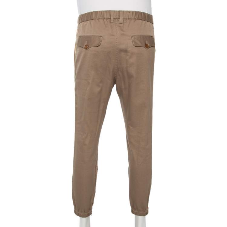 مملوكة مسبقًا Gucci Khaki Cotton Contrast Stripe Logo Trim Detail Trousers L 