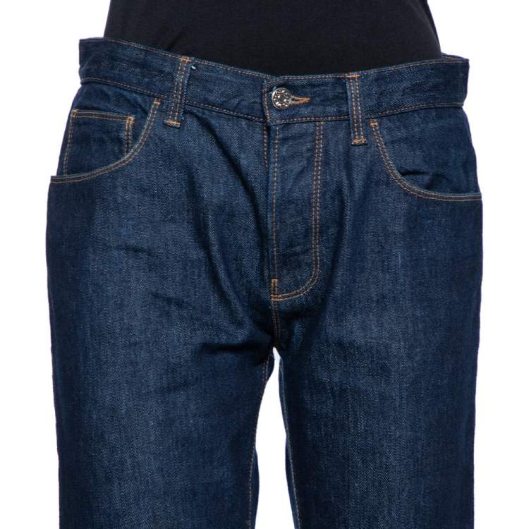 Pre Owned Gucci Blue Denim Leather Tab Detail Regular Fit Jeans M 