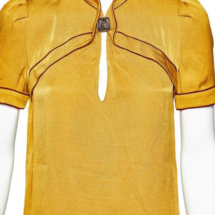 Pre Owned Gucci Mustard Yellow Silk Contrast Trim Top M