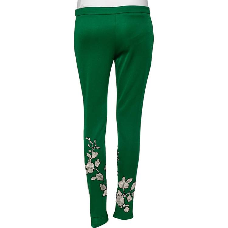 Pre Owned Gucci Green Jersey Floral Embroidered Web Stripe Trim Detail Pants M