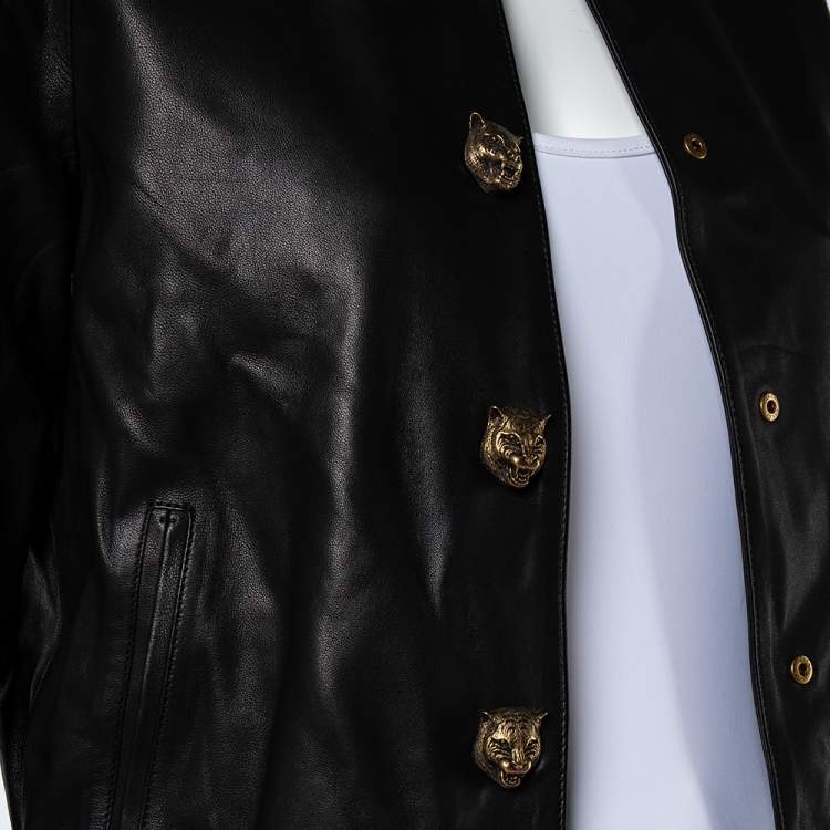 Pre Owned Gucci Black Leather Hollywood Embroidered Bomber Jacket S