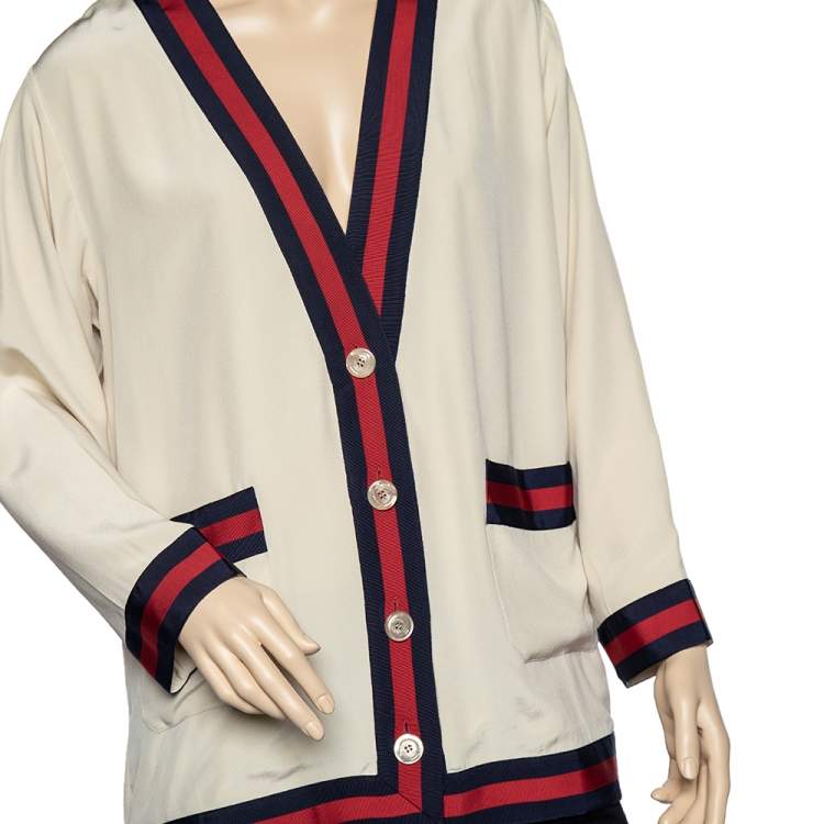 Pre Owned Gucci Cream Silk Web Stripe Button Front Cardigan L