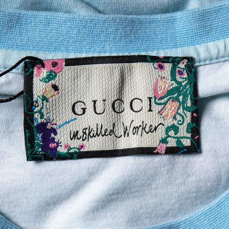 Pre Owned Gucci Unskilled Worker Blue Printed Cotton Short Sleeve T-Shirt S