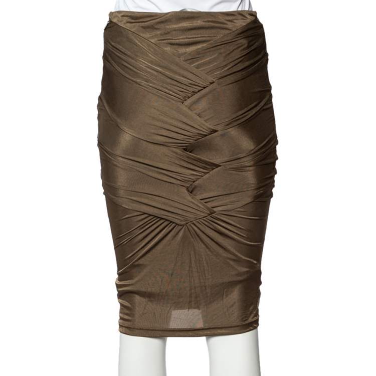 Pre Owned Gucci Brown Jersey Ruched Detail Fitted Skirt S