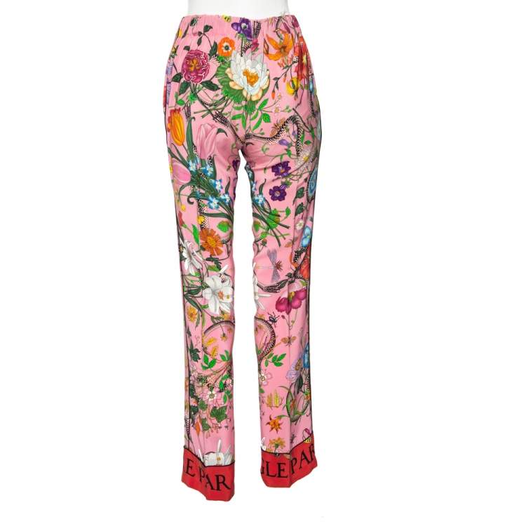 Pre Owned Gucci Pink Floral Snake Printed Silk Drawstring Waist Detailed Pants S