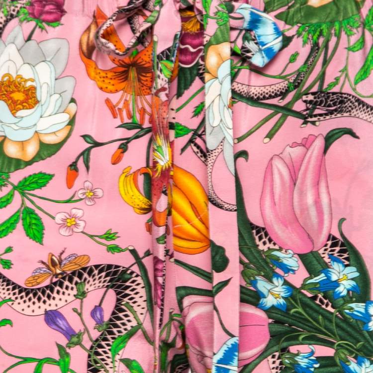 Pre Owned Gucci Pink Floral Snake Printed Silk Drawstring Waist Detailed Pants S