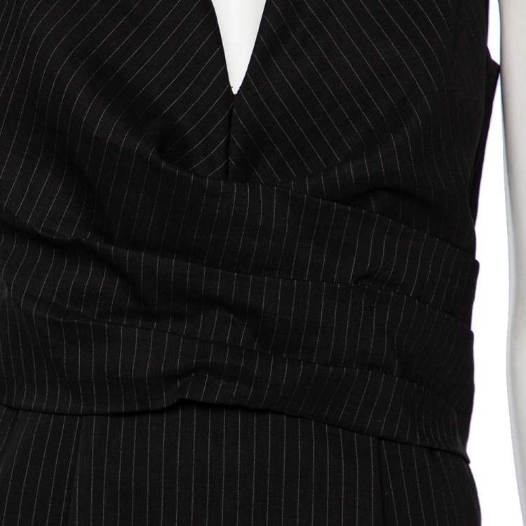 مملوكة مسبقًا Gucci Black Striped Wool & Linen V-Neck Belted Dress M