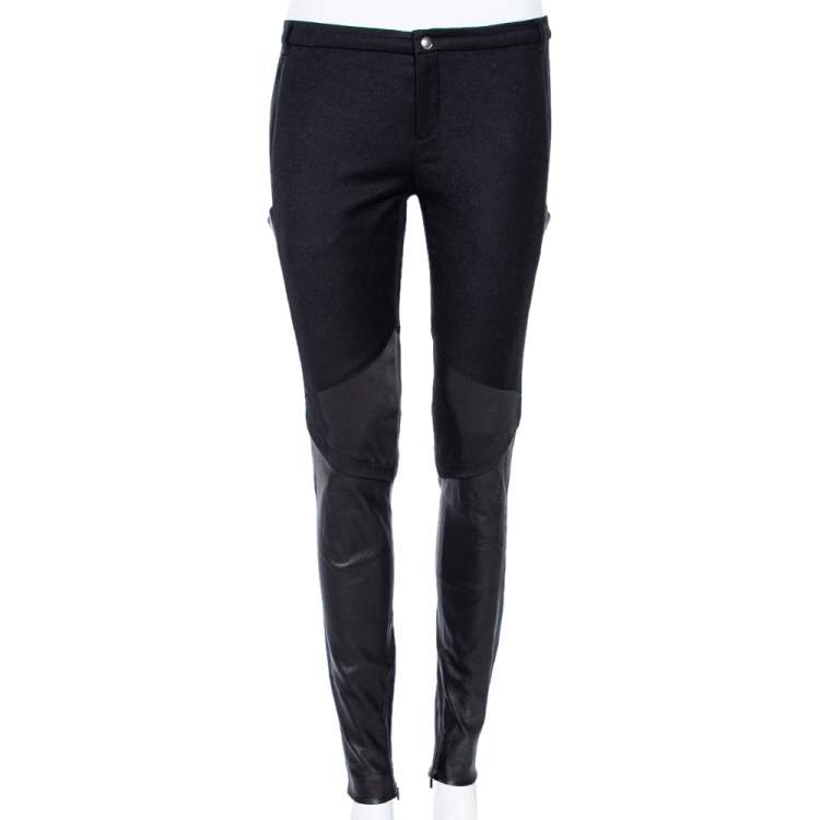 Pre Owned Gucci Black Wool & Leather Zipped Hem Detail Slim Fit Pants M