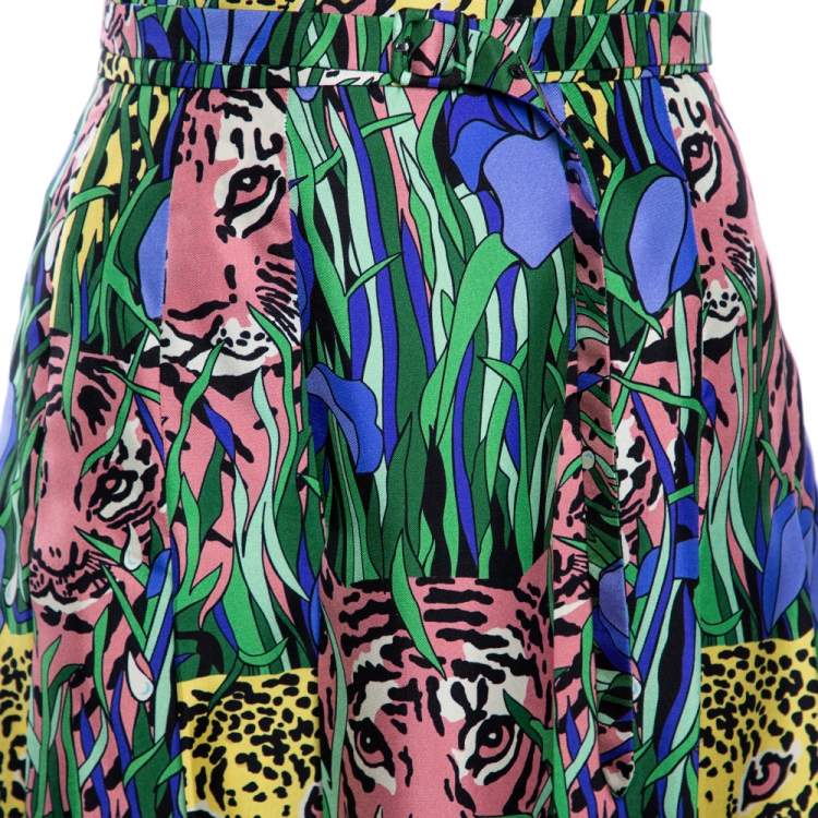 Pre Owned Gucci Multicolor Feline Garden Printed Silk Pleated Midi Skirt M