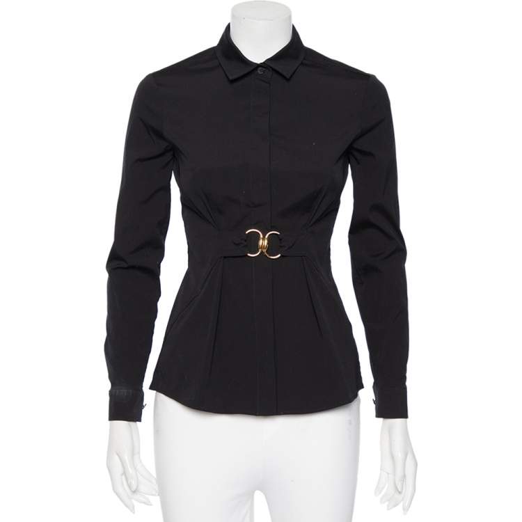 Pre Owned Gucci Black Cotton Belted Waist Detail Button Front Shirt S