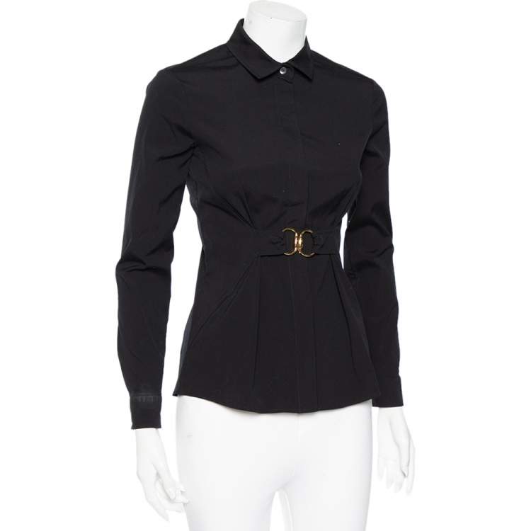 Pre Owned Gucci Black Cotton Belted Waist Detail Button Front Shirt S