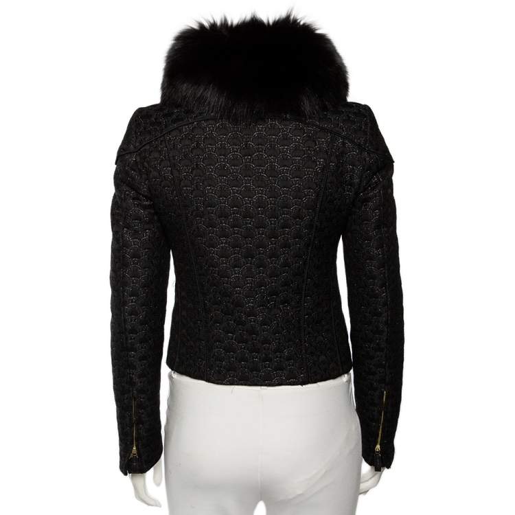 Pre Owned Gucci Black Jacquard Fur Collar Zip Front Jacket S