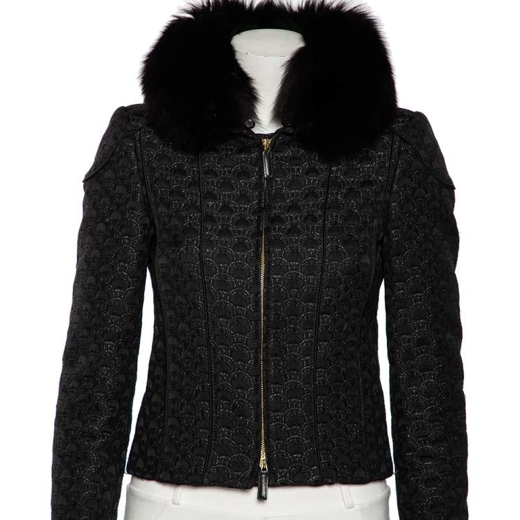 Pre Owned Gucci Black Jacquard Fur Collar Zip Front Jacket S
