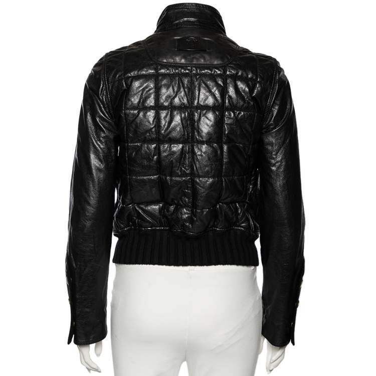 Pre Owned Gucci Black Leather & Wool Trimmed Bomber Jacket M