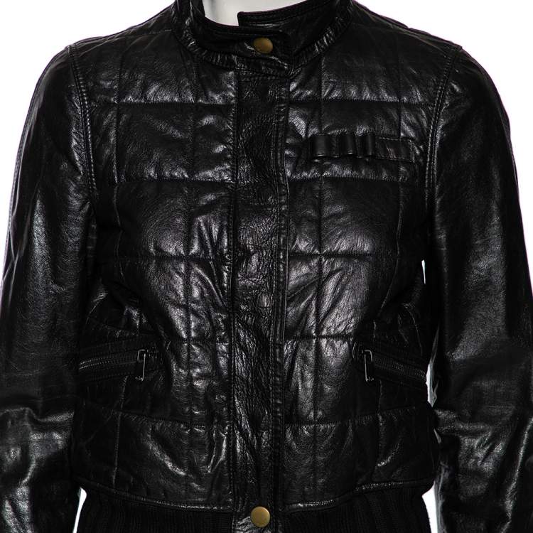 Pre Owned Gucci Black Leather & Wool Trimmed Bomber Jacket M