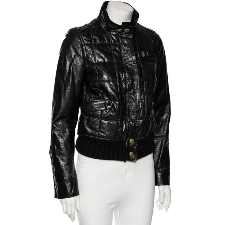 Pre Owned Gucci Black Leather & Wool Trimmed Bomber Jacket M