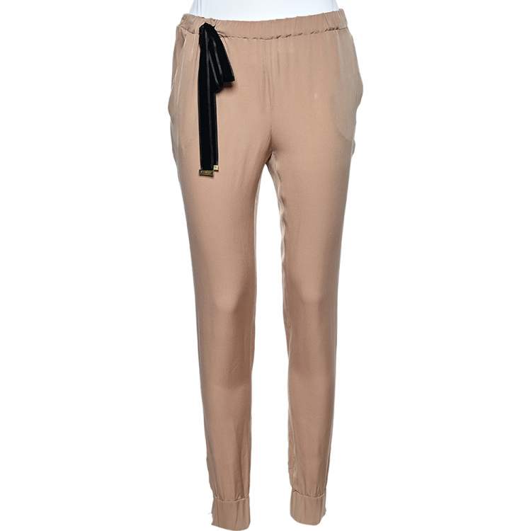 Pre Owned Gucci Beige Silk Elastic Waist Detail Pants S