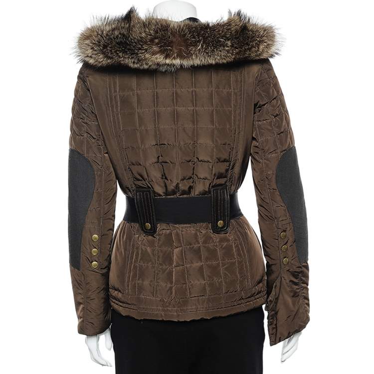 Pre Owned Gucci Brown Synthetic Quilted Fur Collar Detail Belted Jacket S