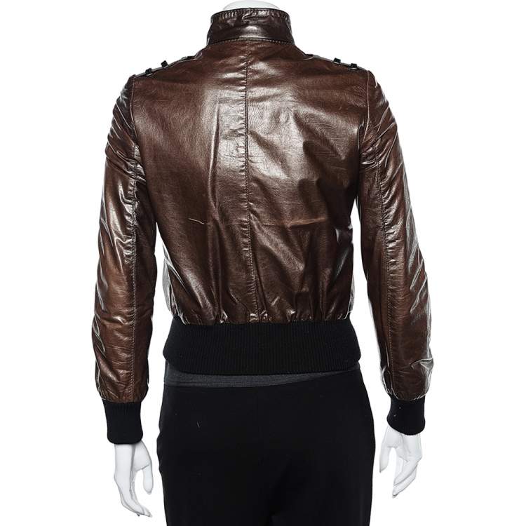 Pre Owned Gucci Brown Leather Stand Collar Zip Front Jacket S