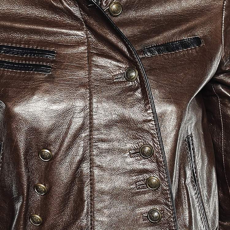 Pre Owned Gucci Brown Leather Stand Collar Zip Front Jacket S